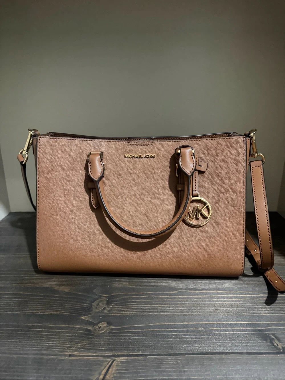 Michael Kors Brown Saffiano Leather Satchel with Gold Hardware